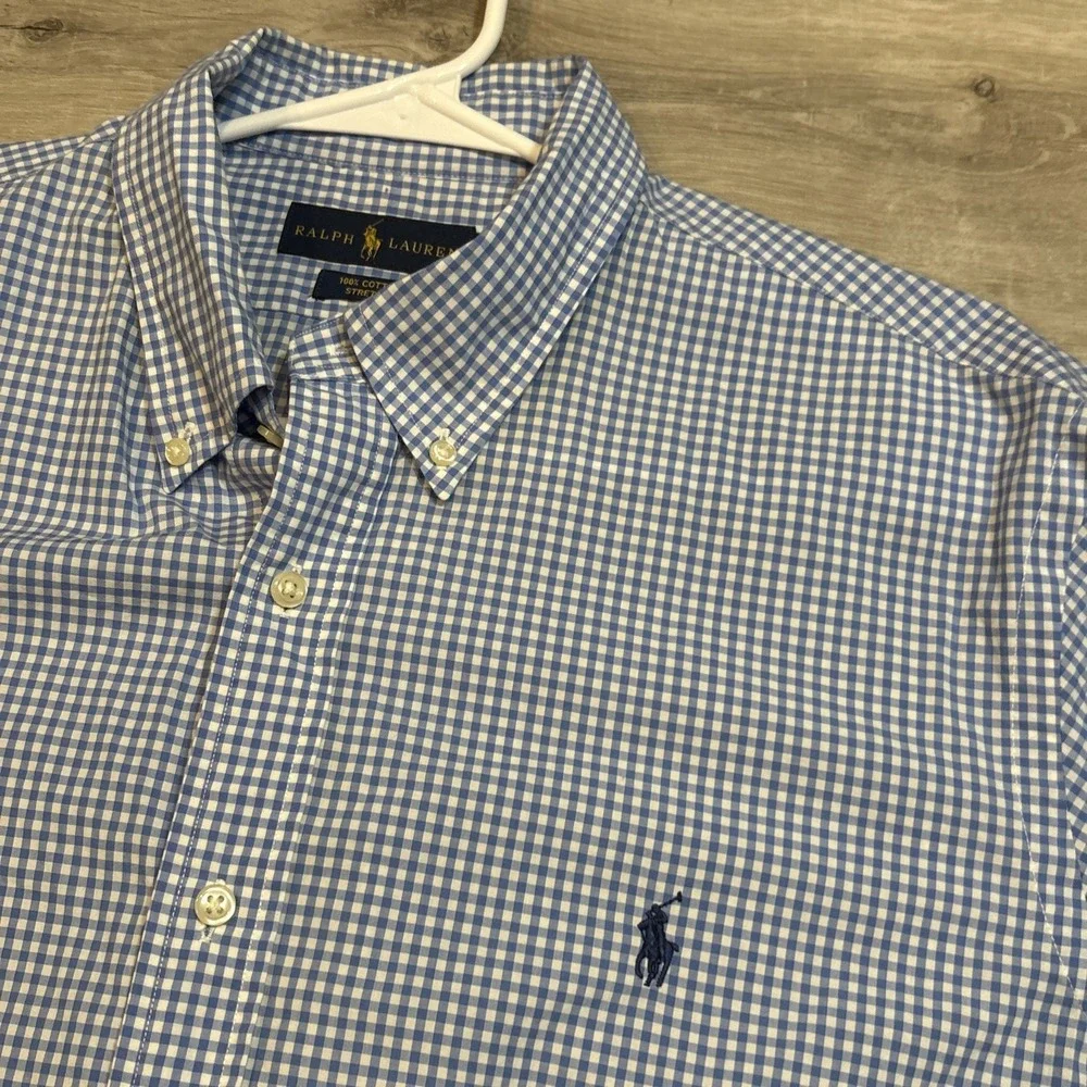 Polo Ralph Lauren Stretch Shirt Mens‎ XL Blue White Oxford Pony Gingham Check